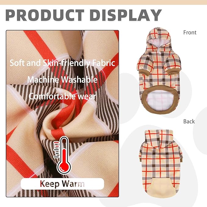 KOOLTAIL Plaid Dog Hoodie for Small Medium Large Dogs - Pet Clothes Sweater with Hat and Pocket for Cold Weather Winter, Warm Soft Dog Hooded Sweatshirt Coat Outfit for Puppy Cats Girls Boys Beige XS