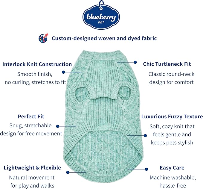 Blueberry Pet 2023 New Classic Fuzzy Textured Knit Pullover Crew-Neck Dog Sweater in Heathered Jade, Back Length 18", Pack of 1 Clothes for Dogs