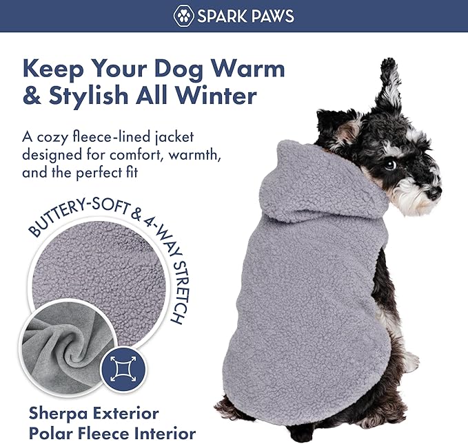 Spark Paws Fleece Dog Jacket, Hooded Sweater Vest, Warm Coat for Winter - Suitable for Small Medium Large XL XXL Breeds - Grey - M