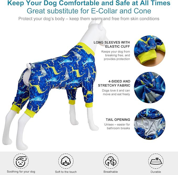 LovinPet Large Dog Pj - Pet Anxiety Calming Shirt, Dog Jammies for After Surgery, Lightweight Fabric, Blue Dragon Print, Pitbull Clothes, Long-Sleeved 4 Leg Style Pullover Dog Onesie, Dark Blue 2XL