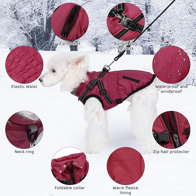 Gyuzh Dog Coat with Harness,Dog Coats for Small Dogs,Warm Fleece Winter Puppy Jacket,Waterproof Jacket with Harness Built in for Small Medium Large Dogs