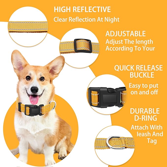 Maiiu Reflective Dog Collar with Safety Locking Buckle, Adjustable Soft Breathable Nylon Collars for Small, Medium and Large Dogs(Collar+Leash S Width 5/8" Yellow)