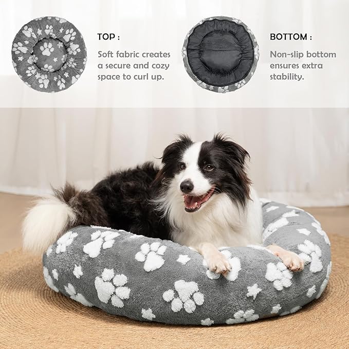 Yaning Donut Dog Beds for Medium Dogs, Calming Round Cat Beds for Indoor Cats, Cute 3D Textured Paw Pet Bed with Removable Washable Cover and Anti-Slip Bottom（Grey，30"）