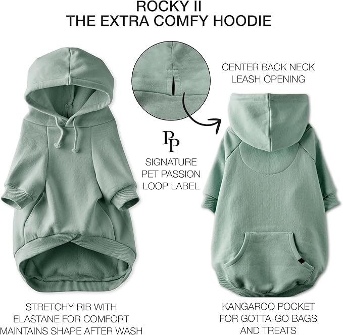 Rocky II - The Extra Comfy Hoodie, Organic Cotton and Recycled Poly Dog Hoodie Pet Coat Sweater for Small, Medium, Large Dogs, Sage, X-Large (55-80 lbs)