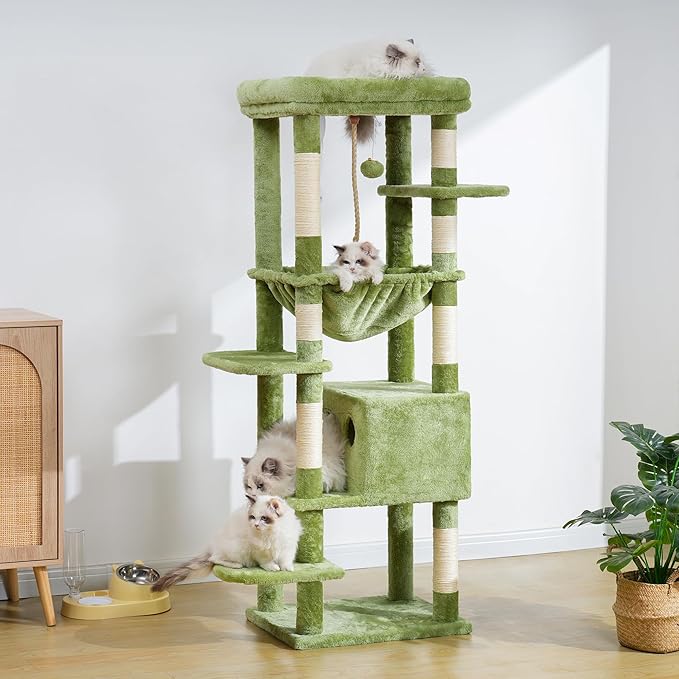 Heybly Cat Tree for Large Cats 20lbs Heavy Duty,60 inches XXL Cat Tower for Indoor Cats, Multi-Level Furniture Condo with Big Padded Plush Perch, Cozy Basket, Green HCT050GR