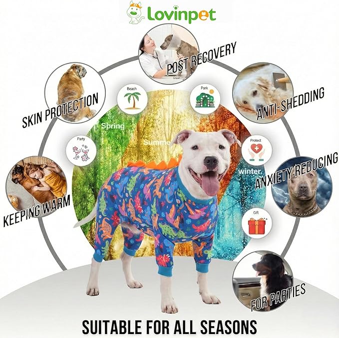 LovinPet Large Dog Pajamas, Four-Leg Stretch Onesie Bodysuit, Lightweight UV-Shielding Pajamas, Anti-Lick Calming Recovery Suit for Surgery, Pull-On for Medium and Large Breeds,Green,3XL