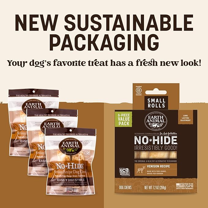 Earth Animal No Hide Chews - Long Lasting Rawhide Free Small Dog Chews Rolls, Venison - 6 Count