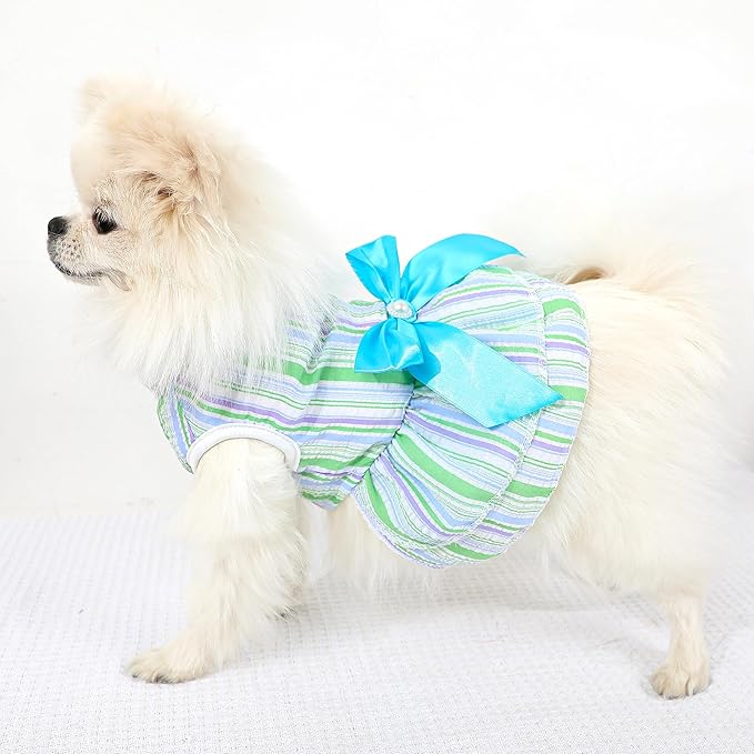 Dog Dress, Cute Pet Princess Dresses with Bright Color Design, Sweet Bowknot, Dog Clothes for Small Dogs Girl, Breathable & Lightweight, for Spring Summer, 2 Pack (Green Blue, Small)