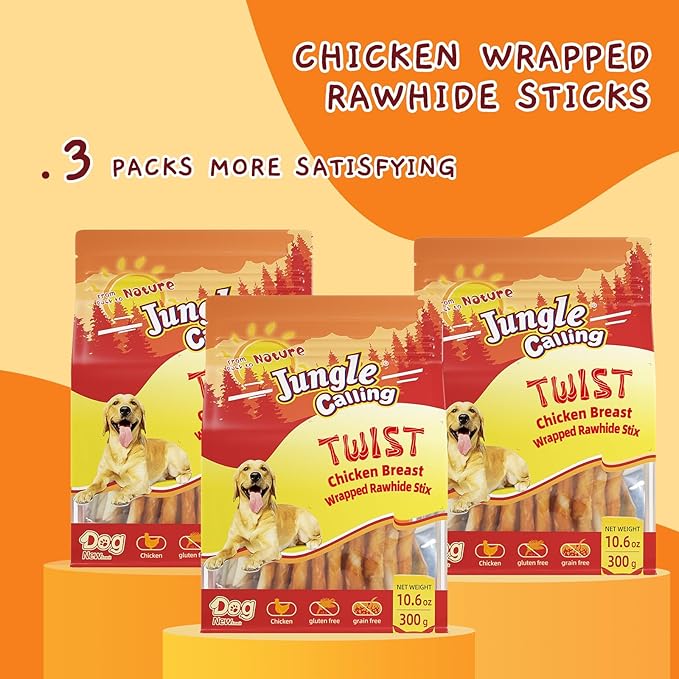 Jungle Calling Dog Treats, Chicken Wrapped Rawhide Sticks Dog Chews, Rawhide Chewy Training Snacks for Small, Medium & Large Dogs, 2 lbs (3 Packs)