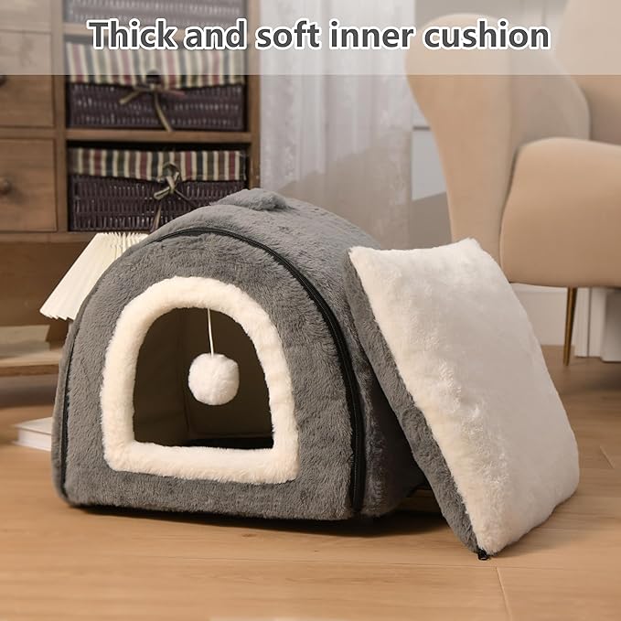 OMIVIER Cat Bed for Indoor Cats，Foldable cat cave，Anti-Slip & Water-Resistant Bottom，cat Houses for Indoor Cats or Small Dogs, Kitten Tent, Rabbit Bed (Dark Grey, L:(17.5"×16.9"×15.9"))