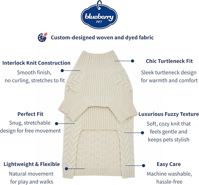 Blueberry Pet Classic Fuzzy Knit Dog Sweater, Pullover Turtle-Neck Christmas Sweater in Ivory, Back Length 10", Super-Soft, Machine Washable