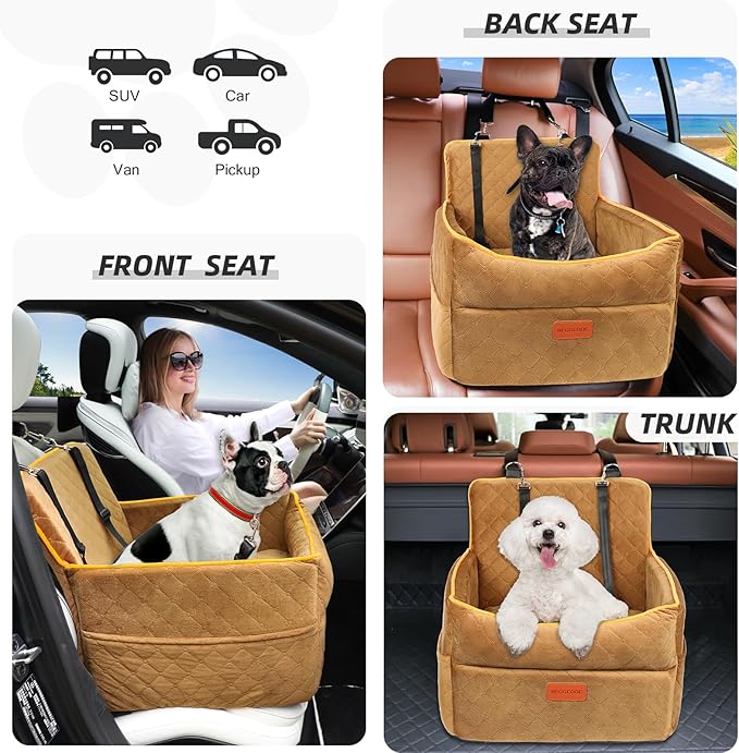 Dog Car Seat for Small Medium Dogs, Memory Foam Dog Booster Seats with Thick Cushion for Dogs Under 35lbs, Detachable Washable Pet Car Seat Travel Bed with Storage Pockets,2 Safety Belt