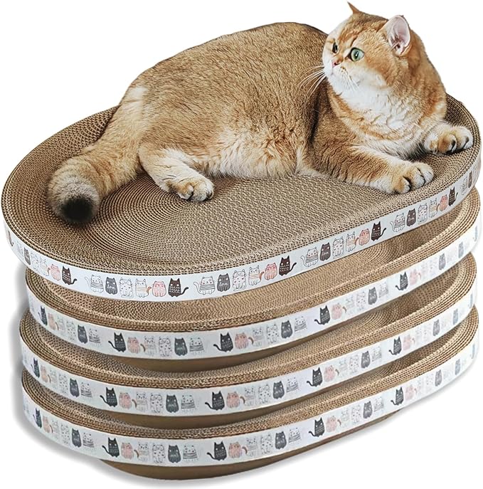 Spindro 4 Pack Extra Large Cat Scratcher Cardboard, Oval Cat Scratcher Bed Cat Scratch Bowl, Scratching Lounge Couch Round Shaped Cat Scratch Board Nest for Indoor Cats Furniture Protector