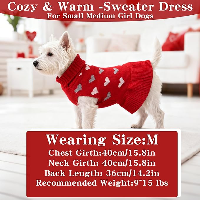 Dog Sweater Dress Heart Red Turtleneck Knit Dress for Small Dogs 9-15 lbs Valentine Winter Pullover with Leash Hole for Wedding Mothers Day Valentine's Day