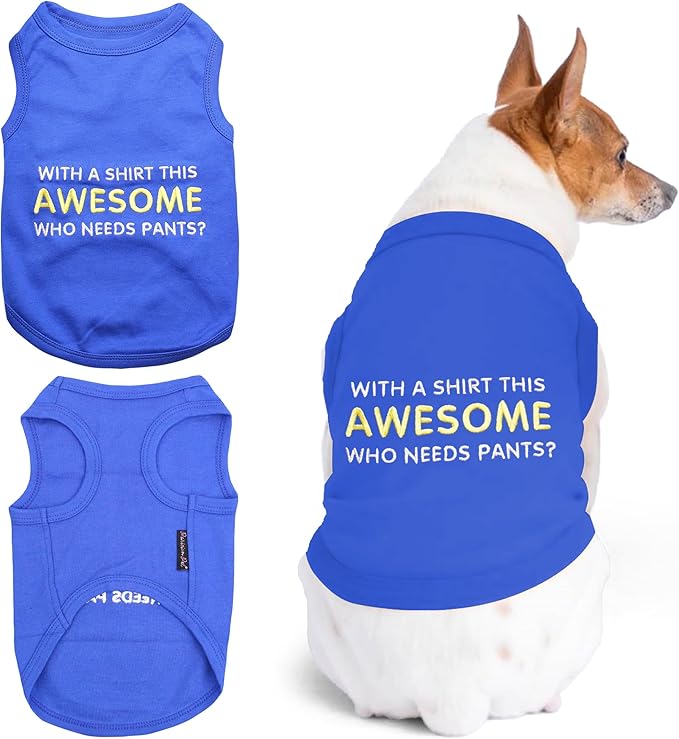 Parisian Pet Dog Tshirt - Embroidered “ Awesome “ Tank Top - Pure Cotton and Lightweight Dog Clothes - Blue Pet Vest - Sleeveless Tee Shirts for Small Dogs Boy