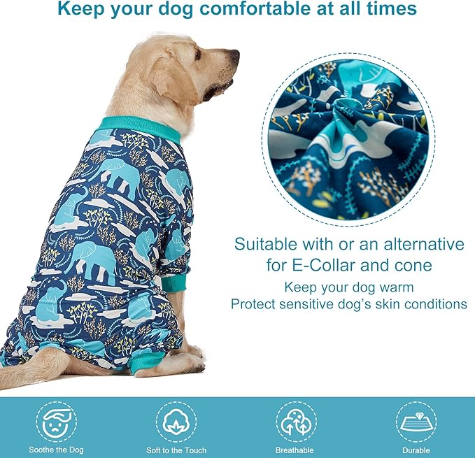 LovinPet Large Dog Clothes, Pet Anxiety Relief, UV Protection, Large Breed Dog Pajamas, Lightweight Stretchy Knit Fabric Onesie, Blue Elephant Print Weimaraner Jammies, Pet PJ's/Medium