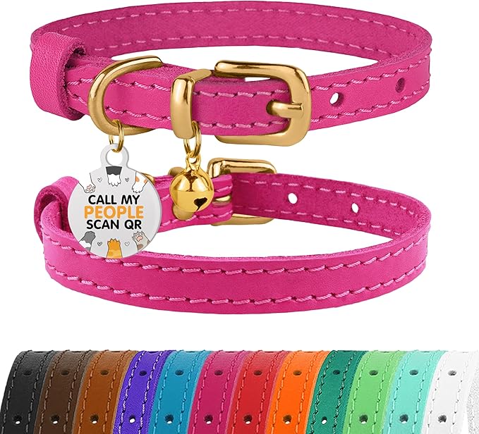 BRONZEDOG Leather Cat Collar with Removable Bells Non Breakaway Kitten QR Tag for Girl Boy (7" - 9" for Cats, Pink & Gold)