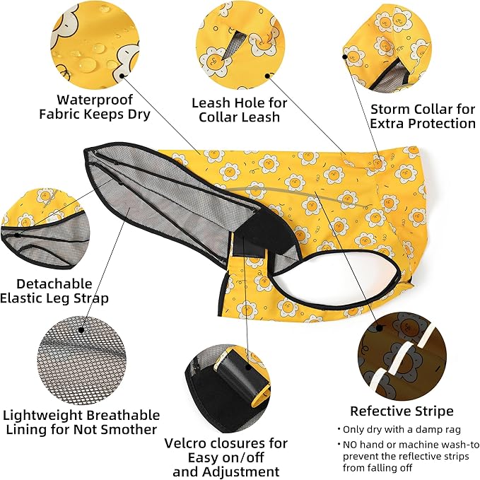 Mile High Life Dog Raincoat, Adjustable Waterproof Reflective Rain Jacket for Small Medium Large Dogs, Lightweight Breathable Pet Rain Coat with Leash Hole(Yellow Sun,L Chest 32-40")