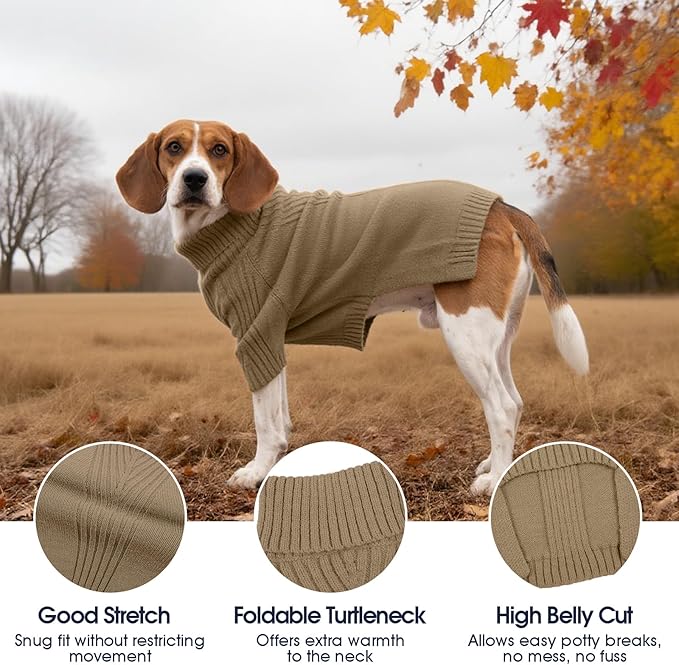 IECOii XL Dog Sweater,Winter Doggy Clothes for Large Dogs Girl Boy,Warm Pullover Soft Dog Sweater Turtleneck,Lightweight & Good Stretch for Active Dogs Like Beagle,Border Collie (Camel,XLarge)