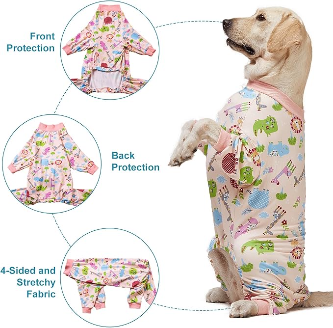 LovinPet Large Dog Pajamas, Pajamas for Large Dogs, Slim Fit, Lightweight Pullover Dog PJ's, Full Coverage, Animals Allover Pink Print, Pitbull Onesie, L