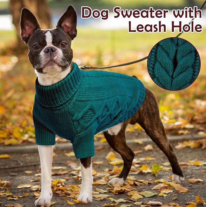 PeacockGreen Classic Dog Knit Sweater - Warm Holiday Turtleneck for Large Dogs, Easy On & Off with Harness Hole - Dachshund, Frenchie