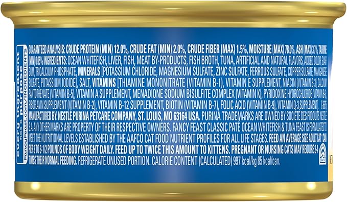 Purina Fancy Feast Classic Pate Ocean Whitefish and Tuna Feast Classic Grain Free Wet Cat Food Pate - (Pack of 24) 3 oz. Cans