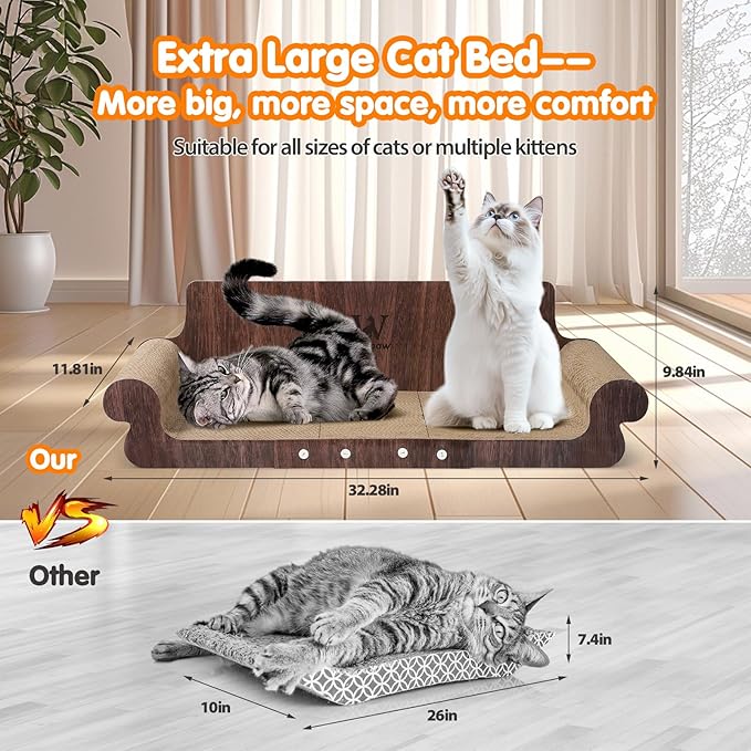 Extra Large Cat Scratcher Bed, 32 Inch Cat Scratching Board Cat Couch, Durable Cardboard Cat Scratcher Lounger, Modern Stylish Cats Bed for Indoor Cats, Furniture Protector