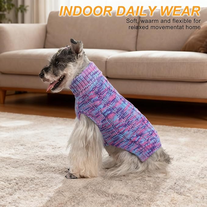 BEAUTYZOO Small Dog Sweater -Turtleneck Pullover Classic Cable Knit Fuzzy Winter Coat Dog Cold Weather Clothes for Small Medium Dogs Puppy Girl Boys(Multi-Purple, S)