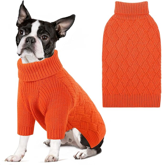 SUNFURA Dog Sweater, Christmas Sweaters for Large Dogs, Solid Color Dog Pullover for Fall Winter, Warm Sweatshirt Knit Turtleneck for Corgi, French Bulldog, Orange L