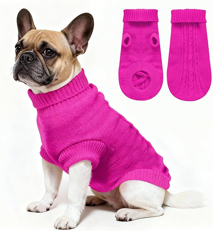 Knitted Dog Sweater for Mini/Small Dogs, Pullover Turtleneck Pet Sweaters, Winter Dog Clothes, Warm Soft Winter Holiday Cat Sweater, Rose Red, XXS