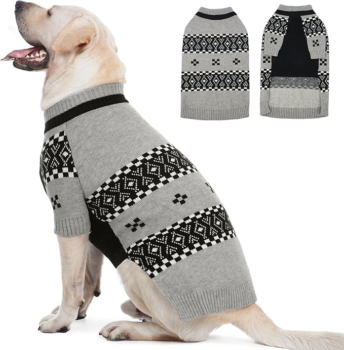 ROZKITCH Large Dog Sweater Ultra-Soft Knit Clothes with Fair Isle Pattern for German Shepherd, Warm Winter Turtleneck Pet Outfit Grey 4XL