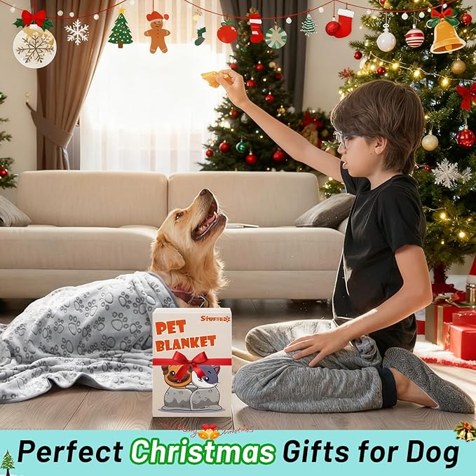 Stuffed Premium Soft Dog Blanket, with Flannel Grey Cute Paw Print, 43 * 66 inches, Self Warming Cat Blanket Puppy Supplies Dog Products Stuff Essentials