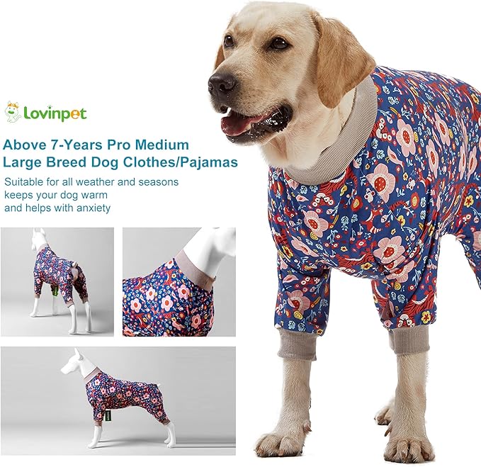 LovinPet Pit Bull Pajamas Large Dogs PJS - Tiger Garden Blue and Pink Print/Lightweight Stretchy Knit Big Dog Pullover Jammies, Large Breed Dog Pajamas, Pet PJ's/XL