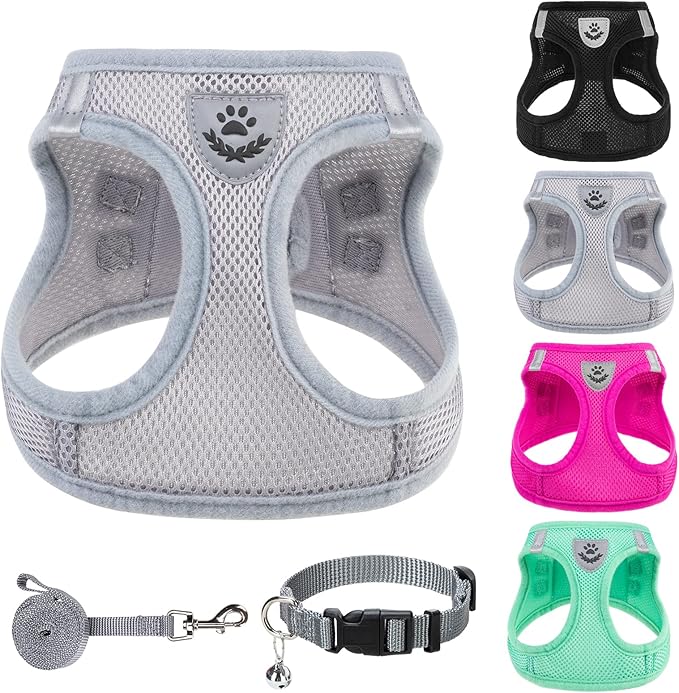 PUPTECK Adjustable Dog Harness Collar and Leash Set Step in No Pull Pet Harness for Small Medium Dogs Puppy and Cats Outdoor Walking Running, Soft Mesh Padded Reflective Vest Harnesses, Solid Grey XS