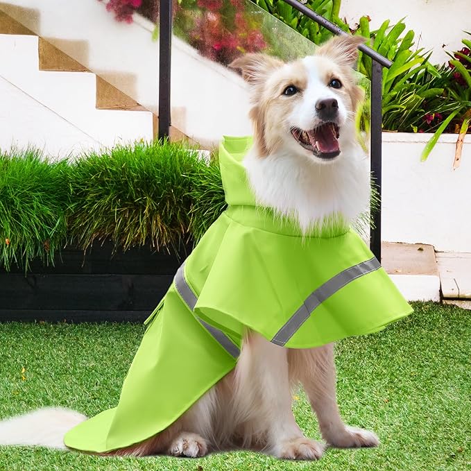 NACOCO Large Dog Raincoat Adjustable - Pet Water Proof Clothes Lightweight Rain Jacket Poncho Hoodies with Strip Reflective (L, Green)
