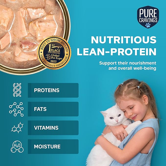 Pure Cravings Minced Tuna and Chicken Wet Canned Cat Food, 100% Mercury-Tested, Moist Can Fish for Cats, Grain-Free, Protein, Non-GMO, 3oz, Pack of 12