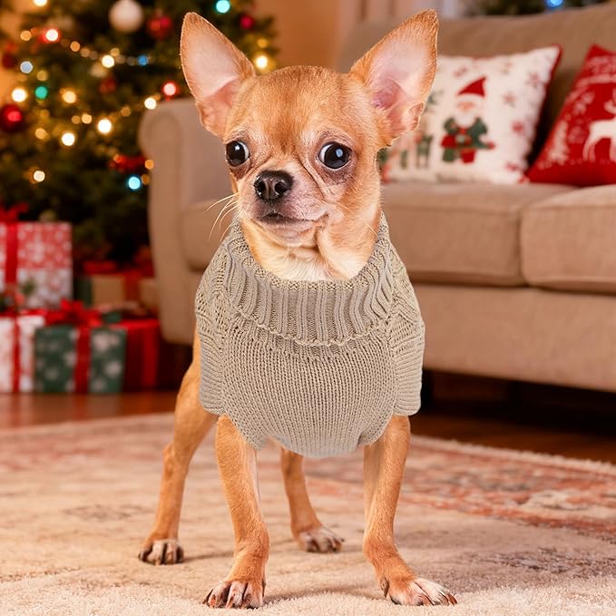 Dog Sweaters for Small Dogs Warm Dog Clothes Winter Chihuahua Clothes Girl Boy Puppy Sweater Knitted Doggy Coat Soft Mini Dachshund Sweater with Turtleneck Pullover Design (Khaki, Large)