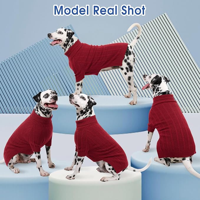 Queenmore Large Dog Sweater - Turtleneck Pullover for Large Dogs, Xmas & Thanksgiving - Knitted Dog Sweater for French Bulldog (Red, L)