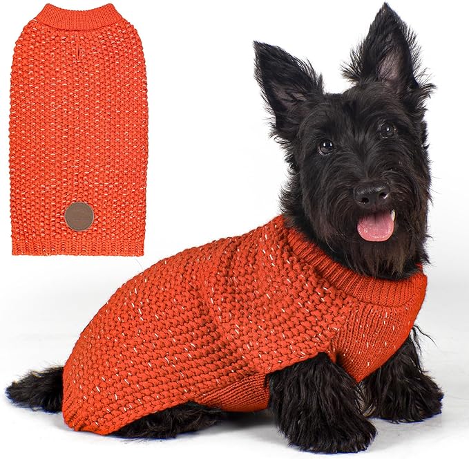 KYEESE Dog Sweater with Leash Hole Warm Pullover with Reflective Yarn for Small and Medium Dogs Male Soft Knit Pullover Boy Dog Coats Cozy Lightweight Thick Sweater,Orange,Medium