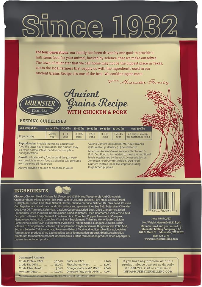 Muenster Ancient Grains Chicken & Pork Dry Dog Food, 4lb - Gluten-Free, High Protein, Digestive Support