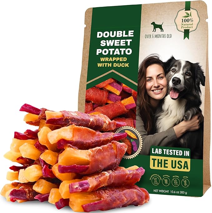 Sweet Potato Dog Treats & Duck Jerky Wraps 10.6 Oz - Dog Food & High Protein Soft Chews for Large, Medium & Small Breeds - Natural Strips & Rawhide Free Snacks (Double Sweet Potato Wrapped Duck)