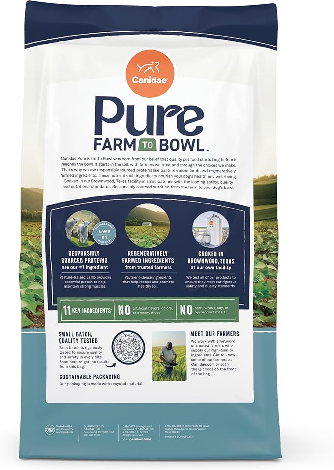 Canidae Pure Farm to Bowl Pasture-Raised Lamb with Goat & Venison Meals, Adult, Grain-Free Dry Dog Food, 12lb