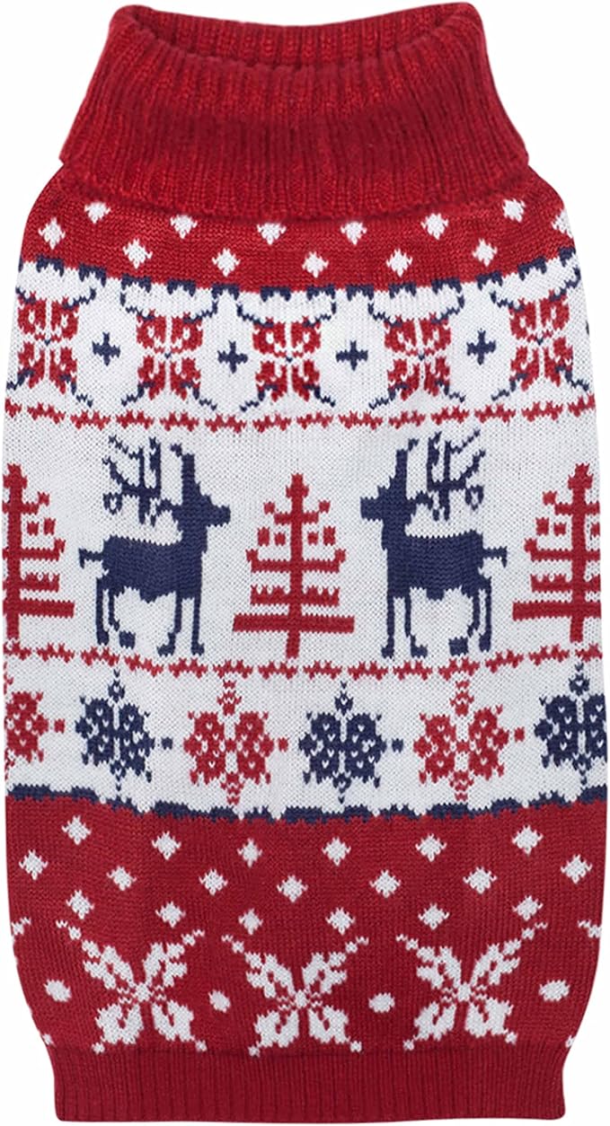 Blueberry Pet Ugly Christmas Reindeer Dog Sweater Turtleneck Holiday Family Matching Clothes for Dog, Tango Red & Navy Blue, Back Length 10", Warm Winter Outfit for Small Dogs