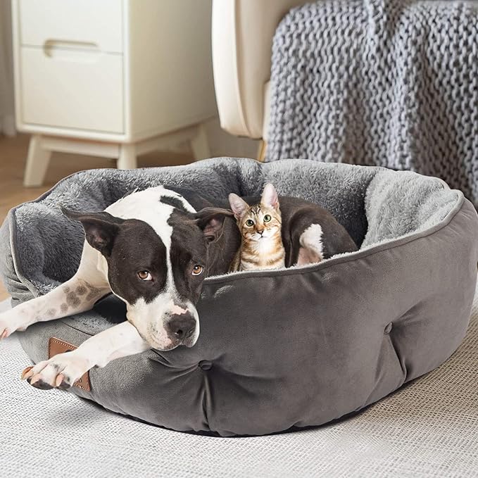 Asvin Large Dog Bed for Large Dogs, Cat Beds for Indoor Cats, Pet Bed for Puppy and Kitty, Extra Soft & Machine Washable with Anti-Slip & Water-Resistant Oxford Bottom, Grey, 35 inches