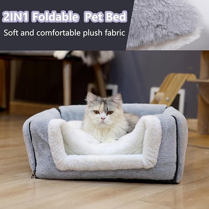 OMIVIER Cat Bed for Indoor Cats，Foldable cat cave，Anti-Slip & Water-Resistant Bottom，cat Houses for Indoor Cats or Small Dogs, Kitten Tent, Rabbit Bed，2 in 1 pet Bed (Grey)