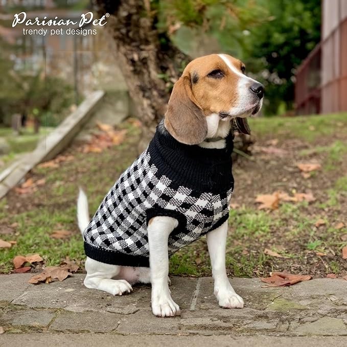 Parisian Pet Dog Sweaters - Cable Knit Dog Christmas Outfit - Fall, Winter Pet Clothes - Christmas Sweater for Large Dogs - Pullover Turtleneck White and Black Checkered Puppy Outfits - 2XL