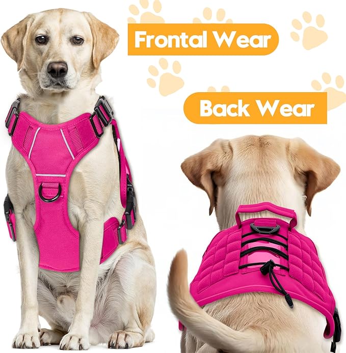 Heavy-Duty Tactical Dog Harness for Large Dogs, No Pull Adjustable Reflective Pet Vest with Molle System, K9 Military-Grade Control for Service Training, Outdoor & 10+ Breeds, Hot Pink, XX-Large