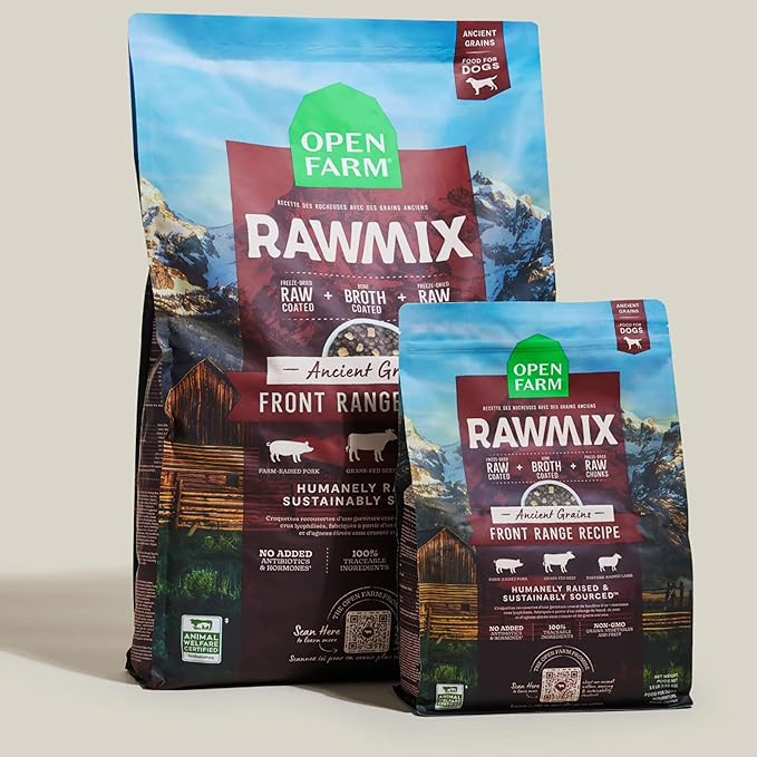 Open Farm, RawMix Grain-Free Dry Dog Food, Protein-Packed Kibble Coated in Bone Broth with Freeze Dried Raw Chunks, Beef Pork & Lamb, Front Range Recipe, 3.5lb Bag