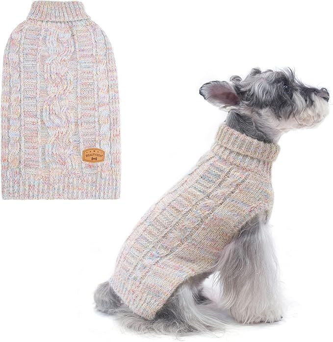 BEAUTYZOO Small Dog Sweater -Turtleneck Pullover Classic Cable Knit Fuzzy Winter Coat Dog Cold Weather Clothes for Small Medium Dogs Puppy Girl Boys(Gradient Beige, L)