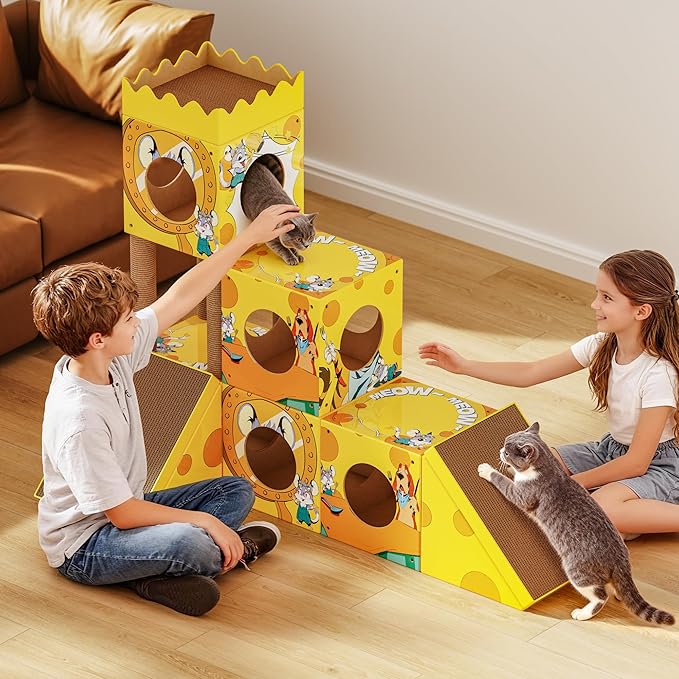 PalNests DIY Cat Tree, Multi-Level Cat Tower with Scratching Posts, Scratching Board, Tunnel & Playhouse for Kittens & Multiple Cats, Recyclable Cardboard, 48.8"×25"×40.2", Yellow Mouse